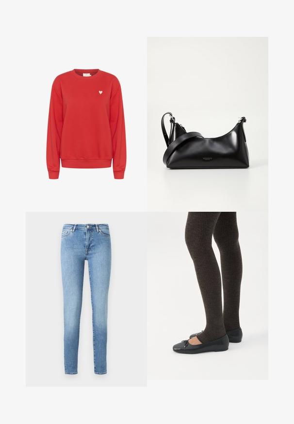 Sweatshirt rouge en tissu doux, avec un col rond, des manches longues et un petit logo en forme de cœur blanc sur la poitrine.; Jean skinny bleu clair en denim, avec un design classique à cinq poches, un délavage subtil et une taille standard avec fermeture éclair.; Jambes portant des leggings côtelés foncés associés à des ballerines noires avec de petits détails en nœud sur fond blanc.; Sac à main en cuir noir avec une texture lisse. Dispose d'une bandoulière adjustable et d'un design élégant et minimaliste avec une fermeture éclair.