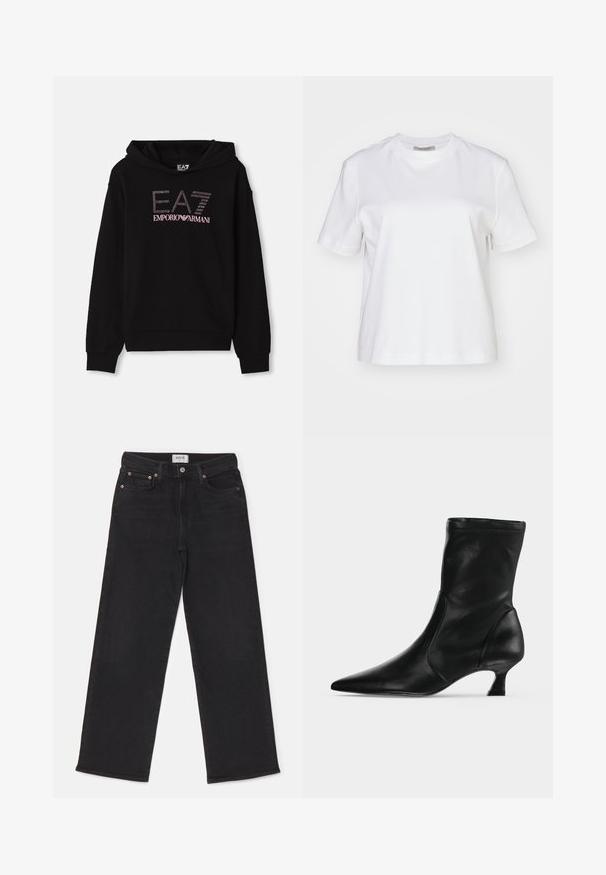 Schwarzer Kapuzenpullover mit einem Vorderdesign aus Strass, das den Schriftzug "EA7 EMPORIO ARMANI" zeigt. Er hat eine Kängurutasche und gerippte Bündchen.; AllSaints LISA TEE - T-Shirt basic - white; Schwarze weit geschnittene Jeans aus Denim. Mit Knopfverschluss, Fünf-Taschen-Design und subtiler Ausbleichung. Das Etikett trägt die Aufschrift "AGOLDE."; Schwarzer Leder-Stiefel bis zur Mitte der Wade mit spitzer Schuhspitze und niedrigem Kittenabsatz, seitlich auf hellem einfarbigem Hintergrund gezeigt.