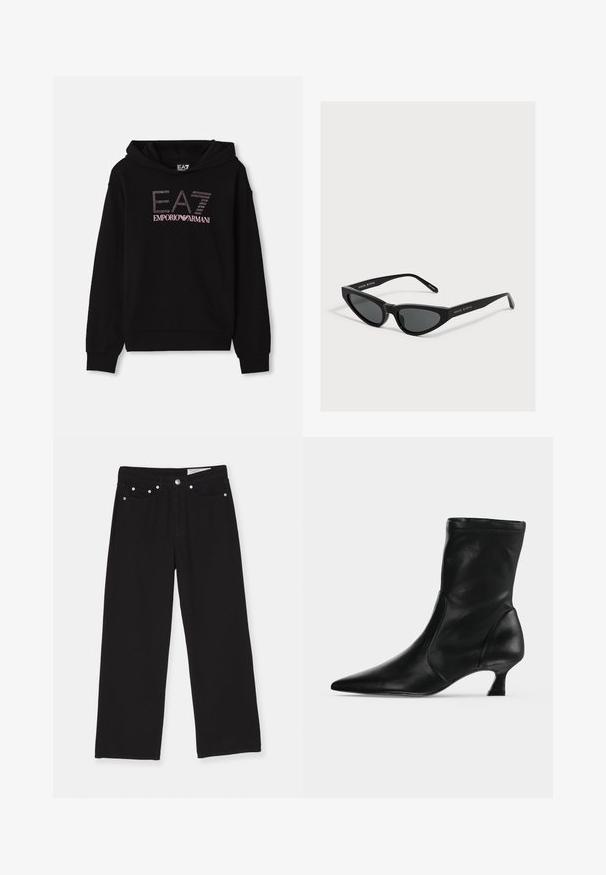 Sudadera negra con un gráfico frontal de strass que presenta el texto "EA7 EMPORIO ARMANI". Tiene un bolsillo canguro y puños de canalé.; Jeans anchos negros de mezclilla, con un diseño de cinco bolsillos, cierre de botón y acentos de hardware metálico. Tejido texturizado con un acabado suave.; Bota negra de cuero hasta media pantorrilla con puntera puntiaguda y tacón bajo tipo kitten, vista de lado sobre un fondo claro y liso.; Gafas de sol negras de estilo ojo de gato con lentes oscuras y varillas finas, con la marca "MAGDA BUTRYM" en el lateral.