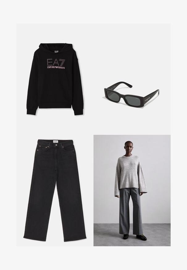 Sudadera negra con un gráfico frontal de strass que presenta el texto "EA7 EMPORIO ARMANI". Tiene un bolsillo canguro y puños de canalé.; Jeans de pierna ancha negros fabricados en denim. Cuentan con cierre de botón, diseño de cinco bolsillos y un ligero desvanecimiento. La etiqueta dice "AGOLDE."; Suéter gris de punto con mangas anchas y dobladillo acanalado, combinado con pantalones grises de cintura alta que presentan un sutil estampado de cuadros y mocasines negros.; Gafas de sol rectangulares negras con lentes oscuros. Presentan un marco de plástico liso y la marca "vogue" en las patillas.