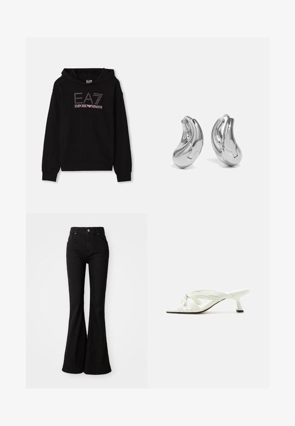 Sort hættetrøje med en frontgrafik i rhinestones, der viser teksten "EA7 EMPORIO ARMANI". Den har en kængurulomme og ribbede manchetter.; Sorte brede jeans lavet af denim, med høj talje, knaplukning og klassisk fem-lomme design. Glat tekstur og ensartet farve.; Hvid sandal med hæl med knyttede flere tynde remme og en slank mellemhøj hæl på en ensartet lys baggrund.; Sølvøreringe med en buet, blank finish og et sømløst design. Har en hængsellukning for sikker bæring.