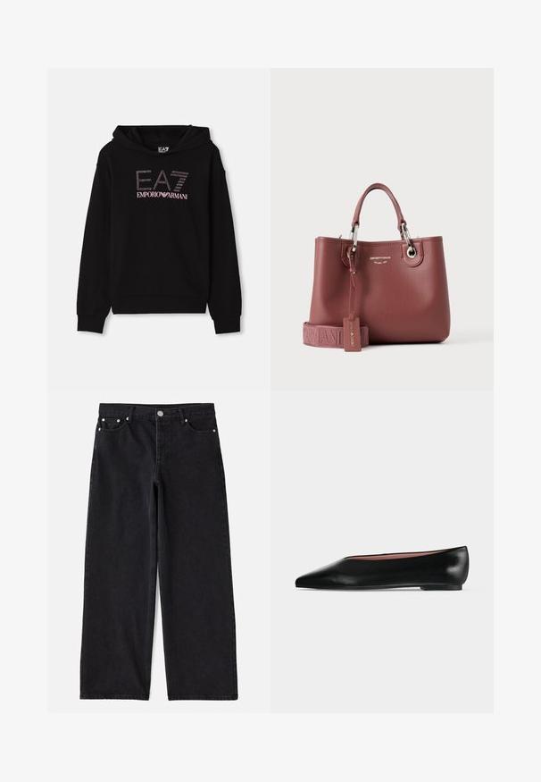 Must. musta kapuuts, millel on ees rhinestone'idega graafika, kus on tekst "EA7 EMPORIO ARMANI". Tal on kengu tasku ja soonikkäised.; Must musträkked teksad viiega taskutega, nööbiga sulgemine ja hõbedane riistvara. Omab puhtat, kohandatud siluetti ja peent tekstuuri.; Mustast nahast naiste madala kontsaga ja terava ninaga king, külgvaates hästi nähtav helehallil ühtlasel taustal.; Emporio Armani tumeroosa nahast käekott kahe sangaga, hõbedase riistvara ja brändi nimega reljeefse reguleeritava kangast rihmaga.