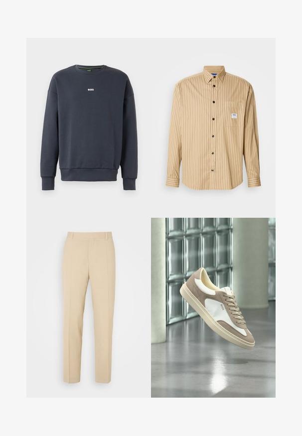 Navyblaues Sweatshirt aus weichem Stoff, mit Rundhalsausschnitt, langen Ärmeln und einem kleinen weißen "BOSS"-Logo auf der Brust.; Beiges Hemd zum Knöpfen mit vertikalen schwarzen Streifen, spitzem Kragen, einer einzelnen Brusttasche und schwarzen Knöpfen. Hergestellt aus leichtem Stoff.; Beige maßgeschneiderte Hosen mit geradem Bein, aus leichtem Stoff, mit zwei vorderen Taschen und ordentlich gebügelten Falten.; Beige und weiße Wildleder-Sneaker mit Schnürsenkeln und „BOSS“-Logo, schwebend über einem polierten Betonboden mit Glasbausteinwänden im Hintergrund.