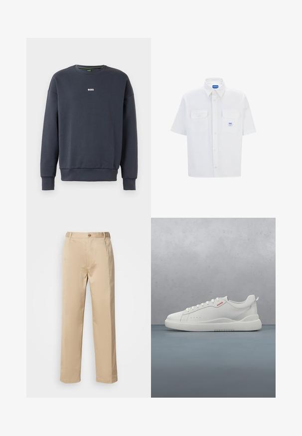 Sudadera azul marino fabricada en un tejido suave, con cuello redondo, mangas largas y un pequeño logo blanco de "BOSS" en el pecho.; Camisa blanca de manga corta con cuello abotonado, dos bolsillos frontales y una etiqueta de logo azul. Fabricada en un tejido suave con un ajuste entallado.; Pantalones beige hechos de una tela ligera, con un diseño de pierna recta, cinturilla con trabillas y un solo botón en la parte frontal.; Zapatilla blanca con un acabado de cuero liso, punta redonda, cuatro ojales, perforaciones sutiles y un detalle de logo rojo en el lateral.