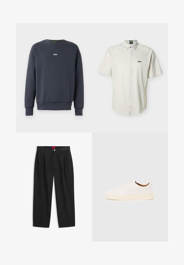 Marineblauwe sweatshirt van zachte stof, met een ronde hals, lange mouwen en een klein wit "BOSS" logo op de borst.; Korte mouwen hemd met kraag, beige strepen, knoopsluiting en een "BOSS"-logo geborduurd op de linkerborst.; Zwarte hoge taille broek met plooien aan de voorkant, ceintuurlussen, een knoop- en ritsluiting, en een rood label aan de binnenkant van de tailleband.; Witte lage sneaker met vetersluiting, minimale stikdetails en een crèmekleurige zool op een lichtgrijze achtergrond.
