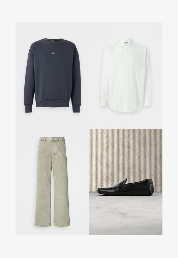 Marineblå sweatshirt lavet af blødt materiale, med rund halsudskæring, lange ærmer og et lille hvidt "BOSS" logo på brystet.; Hvid skjorte med lange ærmer, knapper foran, klassisk krave og manchetter, vist mod en ensartet lys baggrund.; Lys grøn brede jeans med høj talje, lavet af denim, med knaplukning og klassisk fem-lommer design.; Sorte læder loafers med en blank overflade, rund tå og dekorativt hardware foran. Lavprofil gummisål. Glat tekstur.