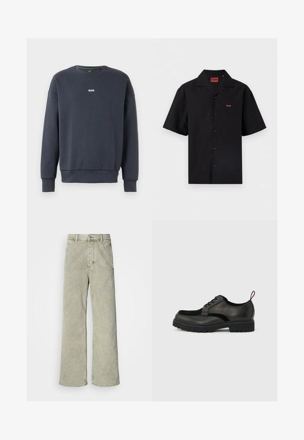 Tumedat sinine sweatshirt pehmest kangast, ümmarguse kaelusega, pikkade varrukatega ja väikese valge "BOSS" logoga rinnal.; Must musta lühikeste varrukatega nööbitav särk mugavkaelusega, vasakul rinnal ja kaeluse siseküljel väike punane "HUGO" logo.; Heled roheline laiade jalgadega teksapüksid kõrge vöökohaga, valmistatud denimist, millel on nööbiga sulgus ja klassikaline viie-tasku disain.; Must nahast pitsidega king paksu soonilise tallaga ja punase kontsalooga, näidatud külgprofiilis helehallil taustal.