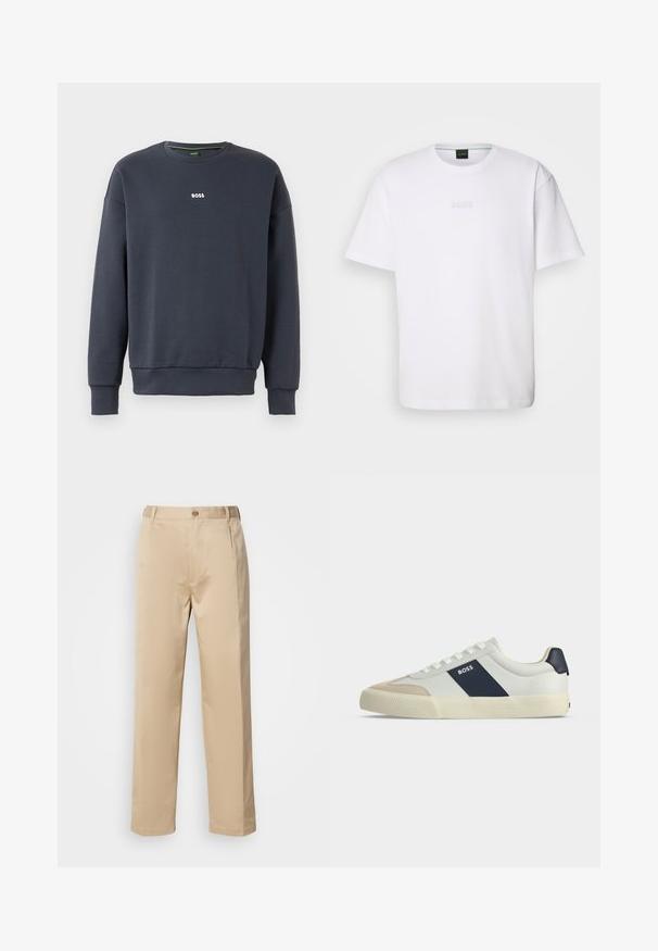 Sweatshirt bleu marine en tissu doux, avec un col rond, des manches longues et un petit logo "BOSS" blanc sur la poitrine.; T-shirt en coton blanc à manches courtes, col rond, avec un logo « BOSS » en relief sur la poitrine. Texture lisse, coupe standard.; Pantalons beiges en tissu léger, avec une coupe droite, une taille avec passants de ceinture et une fermeture à bouton sur le devant.; Baskets basses blanches avec bout beige, bande latérale bleu marine marquée BOSS, lacets blancs et semelle en caoutchouc sur fond neutre.