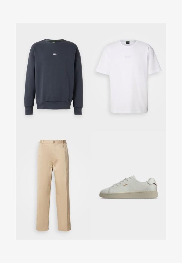 Sudadera azul marino fabricada en un tejido suave, con cuello redondo, mangas largas y un pequeño logo blanco de "BOSS" en el pecho.; Camiseta de algodón blanca de manga corta, con escote redondo y logotipo grabado de "BOSS" en el pecho. Textura suave, ajuste estándar.; Pantalones beige hechos de una tela ligera, con un diseño de pierna recta, cinturilla con trabillas y un solo botón en la parte frontal.; Zapatilla blanca de caña baja con suela beige, logo dorado "HUGO" en el lateral y detalle rojo en la lengüeta del talón, mostrada en perfil lateral.