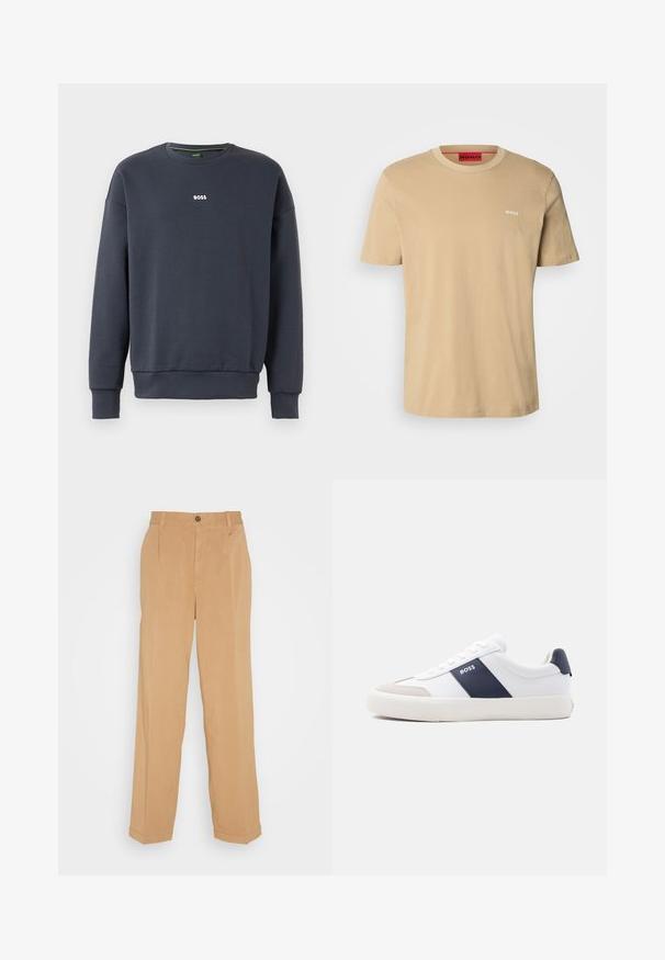 Tumedat sinine sweatshirt pehmest kangast, ümmarguse kaelusega, pikkade varrukatega ja väikese valge "BOSS" logoga rinnal.; Beige puuvillane t-särk, millel on ümmargune kaelus, lühikesed varrukad ja väike valge "HUGO" logo rinnal. Sile tekstuur ilma mustriteta.; Beesidised laiad püksid, mis on valmistatud pehmest kangast, millel on kaks eesmist taskut, nööbilukuga kinnitamine ja voldid jalgadel.; Valge madala lõikega vabaajajalats mereväe sinise küljetriba, "BOSS" logoga, beež esiosaga ja valge tallaga, kujutatud profiilinäiteks heledal taustal.