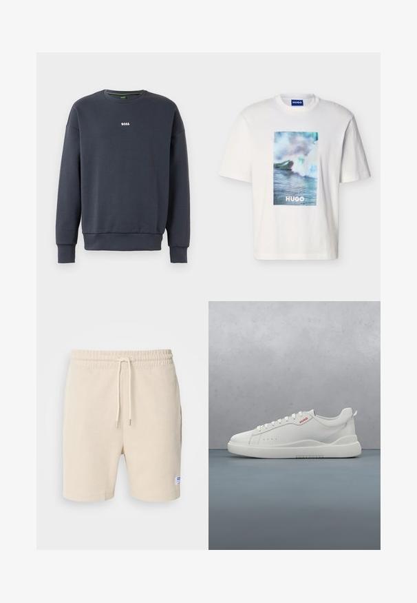 Navyblaues Sweatshirt aus weichem Stoff, mit Rundhalsausschnitt, langen Ärmeln und einem kleinen weißen "BOSS"-Logo auf der Brust.; Weißes T-Shirt mit kurzen Ärmeln, vorne mittig mit einer Grafik von Ozeanwellen in Blau, Grün und Weiß sowie dem Schriftzug "HUGO".; Cremfarbene Shorts aus strukturiertem Stoff. Mit elastischem Bund und Kordelzug sowie seitlichen Taschen. Kleines Etikett am Saum.; Weiße Sneaker aus glattem Leder, runde Spitze, vier Ösen, dezente Perforationen und ein rotes Logodetail an der Seite.