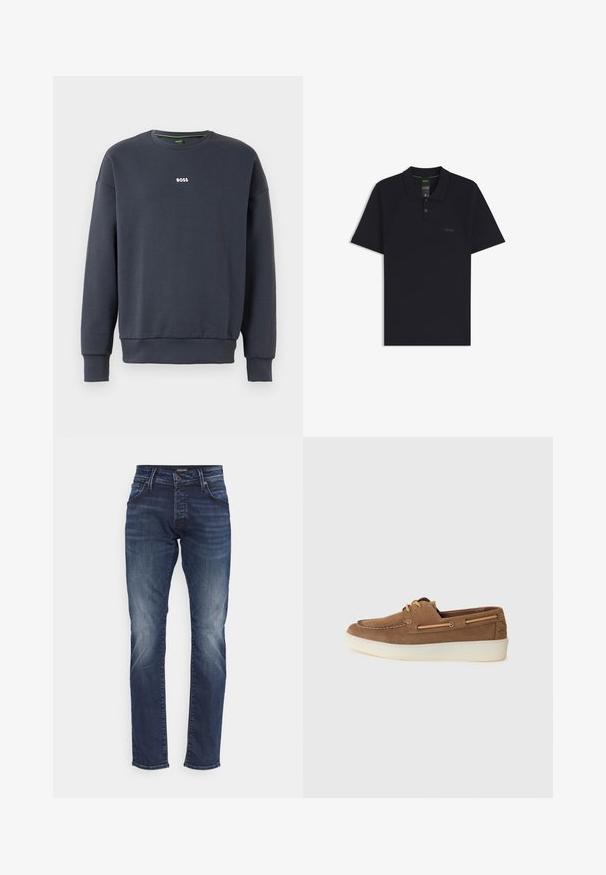 Námornícky modrý sveter vyrobený z jemného materiálu, s okrúhlym výstrihom, dlhými rukávmi a malým bielym logom "BOSS" na hrudi.; Čierne polo tričko s krátkym rukávom, golierom, dvojtlačidlovou légou a jemným logom "BOSS" na ľavej strane hrudníka.; Tmavomodré džínsy s rovnými nohavicami, s vybledlým umytím, päť vrecovým dizajnom a kovovým zapínaním na gombík.; Hnedé semišové lodné topánky s krémovou gumovou podrážkou, šnurovaním a kontrastným šitím, s nízkoprofilovým dizajnom a ľahkou konštrukciou.