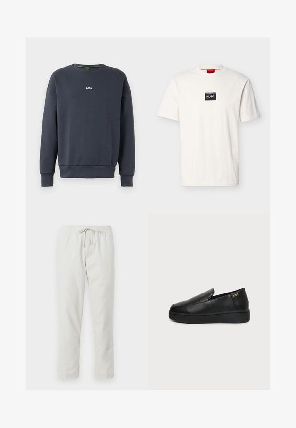 Navyblaues Sweatshirt aus weichem Stoff, mit Rundhalsausschnitt, langen Ärmeln und einem kleinen weißen "BOSS"-Logo auf der Brust.; Weißes T-Shirt mit kurzen Ärmeln und Rundhalsausschnitt, versehen mit einem kleinen schwarzen rechteckigen Aufnäher und weißem "HUGO"-Schriftzug auf der Brust.; Helle graue Hose mit elastischem Bund und Zugband. Aus glattem Stoff gefertigt, mit geraden Beinen und ohne sichtbare Taschen.; Schwarzer Lederschlupfschuh mit dicker Sohle und kleinen seitlichen Belüftungslöchern, mit goldenem "HUGO"-Logo nahe der Ferse.