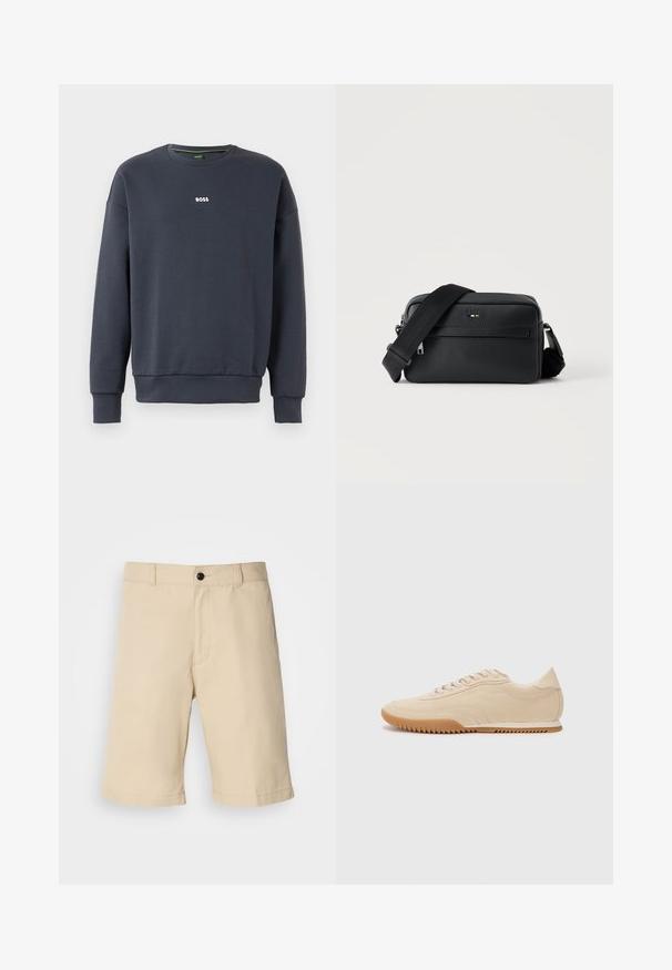 Navyblaues Sweatshirt aus weichem Stoff, mit Rundhalsausschnitt, langen Ärmeln und einem kleinen weißen "BOSS"-Logo auf der Brust.; Beige Shorts aus leichtem Stoff, mit flachem Vorderteil, standardgemäßem Bund mit Knopfverschluss und geradem Saum.; Beige Wildledersneaker mit einem schlanken Design, einer strukturierten Oberseite, abgerundetem Fuß und einer Gummisohle mit Zickzackmuster.; Schwarze, strukturierte Leder-Crossbody-Tasche mit vorderer Reißverschlusstasche und verstellbarem breitem Stoff-Schulterriemen auf weißem Hintergrund.
