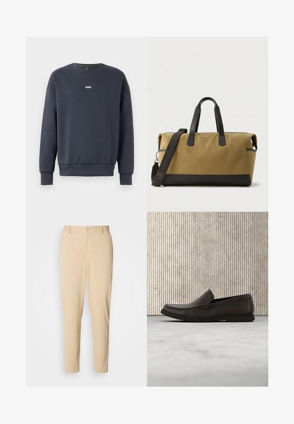 Tumedat sinine sweatshirt pehmest kangast, ümmarguse kaelusega, pikkade varrukatega ja väikese valge "BOSS" logoga rinnal.; Bežid, текстureeritud püksid kitsas lõikes, ees nuppude sulgemisega, vöökohaga ja küljetaskutega. Sile kangas. ; Tumed pruunid nahast loaferid ümarate varvastega, peene õmbluse detailiga ja madala kummitaldaga. Sile tekstuur koos paindliku istuvusega.; Pruunide ja mustade suur duffelkott mustade nahkkäepidemete ja eemaldatava õlarihmaga, ristkülikukujuline, BOSS-i logo ees.