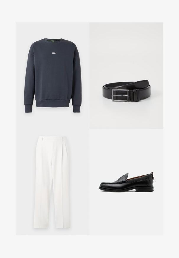 Sweatshirt bleu marine en tissu doux, avec un col rond, des manches longues et un petit logo "BOSS" blanc sur la poitrine.; Pantalon blanc sur mesure avec une coupe droite, présentant des plis, un devant plat et une texture de tissu lisse. Aucune poche ni accent visible.; Mocassin homme en cuir noir avec couture moc toe, bride penny, col texturé et petit talon empilé sur fond blanc.; Ceinture en cuir noir au toucher lisse, dotée d'une boucle rectangulaire en argent et d'un double détail de broche. Design classique et polyvalent.