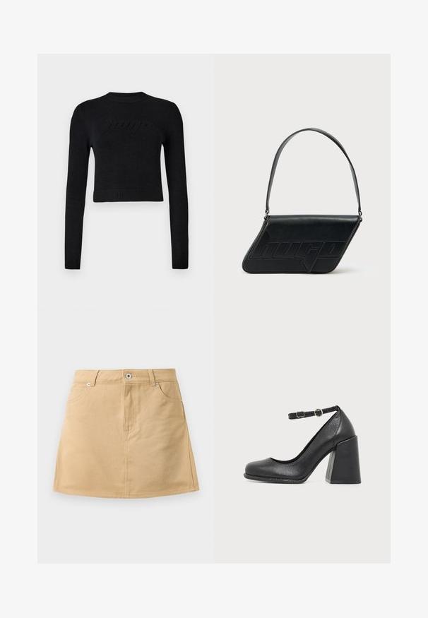 Sort langærmet cropped sweater med ribbenede manchetter og kant, der har et diskret hævet logo på brystet.; Beige denim miniskirt med frontlommer, bæltestropper og en metalknaplukning på en hvid baggrund.; Sort læder højhælet sko med rundet tå og en tyk blokhæl, med en justerbar ankelrem med en lille rund spænde.; Sort skuldertaske i læder med trekantet form, præget logo og en enkelt justerbar rem. Minimalistisk design med glat tekstur.