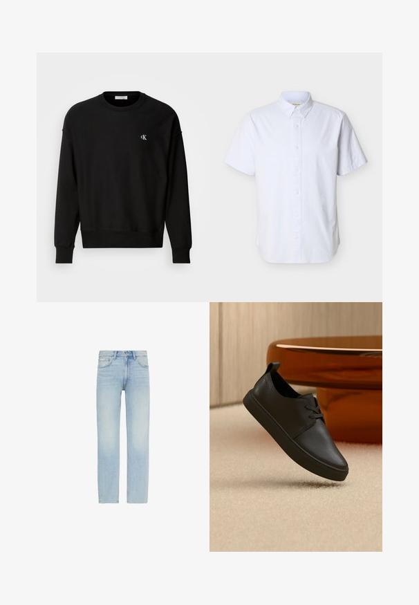 Schwarzer Pullover aus Baumwollmischung, mit Rundhalsausschnitt, überschnittenen Schultern und kleinem weißen 'CK'-Logo auf der Brust.; Weißes kurzärmeliges Hemd aus Baumwolle mit klassischem Kragen und kleinem gesticktem Logo auf der Brust.; Hellblaue Straight-Leg-Denim-Jeans mit vorderem Knopfverschluss und Fünf-Taschen-Design, inklusive einem kleinen Calvin Klein Label auf der vorderen Tasche.; Schwarzer Freizeit-Sneaker aus Leder mit Schnürsenkeln, schwebt über einem beigen Teppich, im Hintergrund ein bernsteinfarbenes, rundes Glastisch.