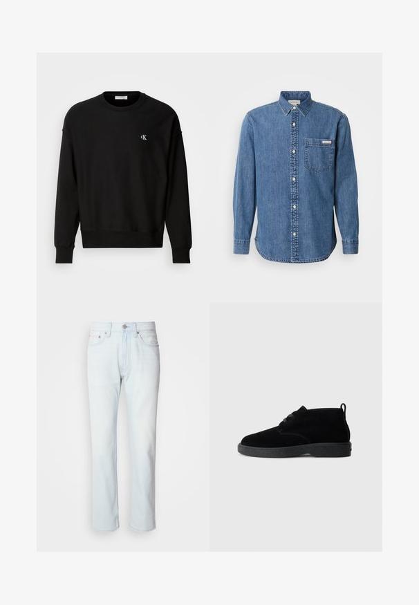 Must värvitud puuvilla segust valmistatud sweatshirt, millel on ümar kaelus, langevad õlad ja rindkere piirkonnas väike valge 'CK' logo.; Keskmise sinise värvusega denimpooltüübi särk, millel on nupuga krae, pikad varrukad, eesmine tasku ja valged nupud. Omab veidi kõverat alumist serva.; Heledad sinine teksapüksid sirge lõikega. Omab nup closure'i ja vöölõikeid, esitledes kulunud tekstuuri ja minimaalset õmblust.; Mustad nahast pahkluu saapad ümarate varvastega, paeltega disain, must kummitald ja seljaosas tõmblõng mugavaks selga panemiseks.