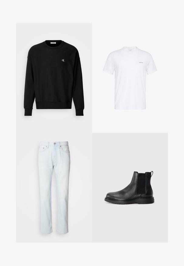 Must värvitud puuvilla segust valmistatud sweatshirt, millel on ümar kaelus, langevad õlad ja rindkere piirkonnas väike valge 'CK' logo.; Valge lühikeste varrukatega T-särk ringkaelusega, väikese musta Calvin Kleini logoga vasakul rinnal.; Heledad sinine teksapüksid sirge lõikega. Omab nup closure'i ja vöölõikeid, esitledes kulunud tekstuuri ja minimaalset õmblust.; Mustad mustad Chelsea saapad, millel on tekstuuriga viimistlus, elastsed külgtaskud ja vastupidav kummist tald. Discreetne bränding kontsapuntšel.