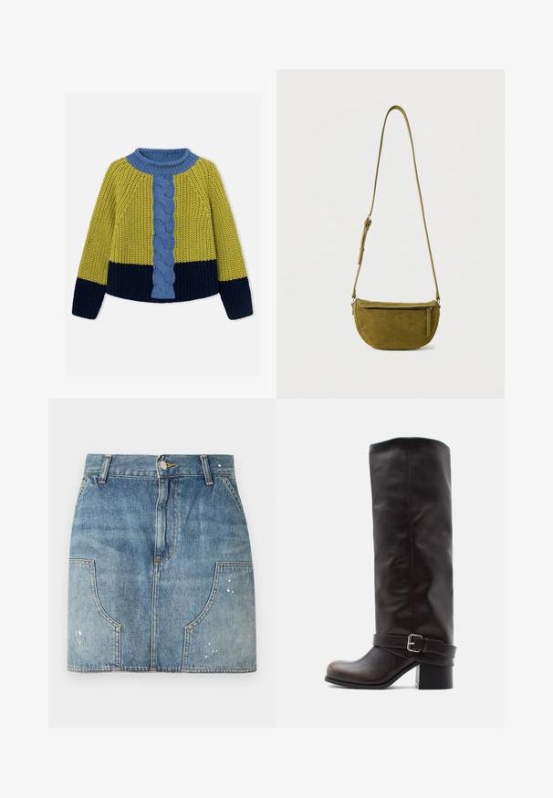 Pull épais tricoté avec partie supérieure et manches jaunes, manches inférieures et ourlet bleu marine, et panneau central en câbles bleu avec col assorti.; Mini-jupe en denim avec bouton à l'avant, passants pour ceinture, poches avant arrondies et légers détails d'usure sur les poches et l'ourlet.; Botte montante en cuir brun foncé avec bout arrondi, petit talon bloc, et sangle décorative avec boucle argentée près de la cheville.; Sac bandoulière en daim vert olive avec sangle réglable et poche avant zippée sur fond blanc uni.