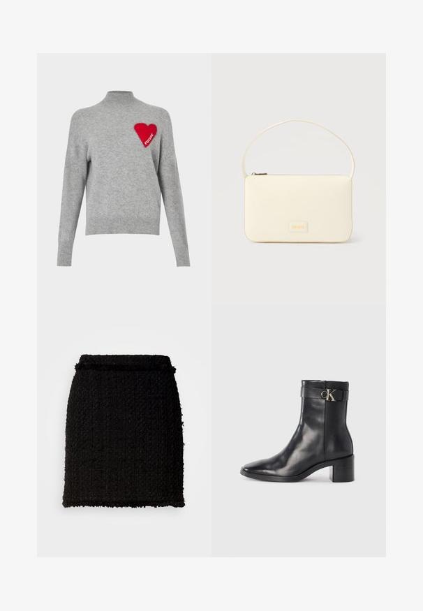 Pull en tricot gris avec un col montant, présentant un design de cœur rouge brodé avec le mot "FUTURE" sur le côté gauche.; Jupe en tweed noir avec une surface texturée. Présente une coupe droite, une taille haute et un ourlet légèrement effiloché. Design simple, sans quincaillerie visible.; Botte de cheville en cuir noir avec un bout pointu, un talon carré et une sangle avec un détail de logo métallique. Texture lisse et design minimaliste.; Sac à main rectangulaire de couleur crème avec une seule sangle et une fermeture éclair sur le dessus, comportant une petite plaque de logo embossé à l'avant.