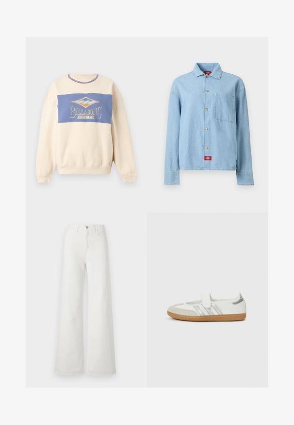 Sweat crème avec panneau bleu sur la poitrine, portant le logo Billabong et le texte « Since 1973 », motif vague sur la bordure du col.; Chemise en denim bleu clair à manches longues, boutons sur le devant, une poche poitrine, et une étiquette logo rouge près de l'ourlet inférieur.; Jean denim blanc à jambes larges avec bouton avant et poches, présenté sur un fond clair uni.; Baskets blanches avec rayures argentées, embout en daim et bande velcro. Semelle en caoutchouc gomme texturée. Design minimaliste avec une finition lisse.
