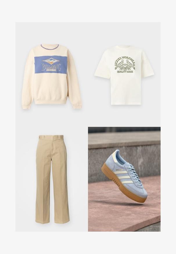 Sweat crème avec panneau bleu sur la poitrine, portant le logo Billabong et le texte « Since 1973 », motif vague sur la bordure du col.; T-shirt blanc à manches courtes avec texte vert olive « Dickies Workwear Quality Made » et motif de deux éperons et fleurs sur le devant.; Pantalons larges beiges en coton, dotés de passants de ceinture, d'une braguette zippée et de surpiqûres contrastées le long des coutures.; Baskets en daim bleu clair avec des rayures blanches et un logo doré, dotées d'une semelle en caoutchouc naturel et d'un col rembourré pour le confort.