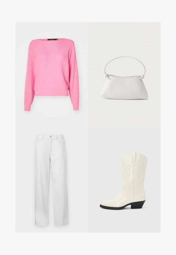 Suéter de punto rosa con un ajuste holgado, escote amplio y mangas largas. Presenta textura de puños y dobladillo acanalados.; Pantalones de mezclilla blanca con un corte holgado, que cuentan con un cierre de botón y cremallera, trabillas para cinturón y un diseño tradicional de cinco bolsillos.; Bota blanca de estilo occidental hasta la mitad de la pantorrilla, con punta puntiaguda, tacón apilado negro, costuras decorativas y tira para tirar en el eje.; Bolso de mano de cuero blanco tejido con asa redondeada y extremos de la correa anudados, exhibido sobre un fondo liso.