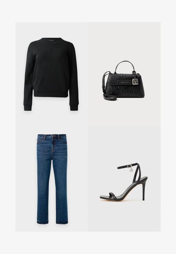Schwarzer Sweatshirt aus weichem Stoff mit einem gerippten Rundhalsausschnitt und Bündchen. Auf der Vorderseite ist "ARMANI EXCHANGE" in erhabenem Schriftzug zu sehen.; Dunkelblaue Jeans im gerade geschnittenen Design mit orangen Nähten und einem vorderen Knopfverschluss. Fünf Taschen sind enthalten.; Schwarze High-Heel-Sandale mit schmalem Knöchelriemen, quadratischer Zehenbox, glattem Leder und metallischem Schnallenakzent.; Schwarze Handtasche aus strukturiertem Material, mit geprägtem Markenlogo, einem oberen Griff und einem abnehmbaren Schultergurt mit silberner Hardware.