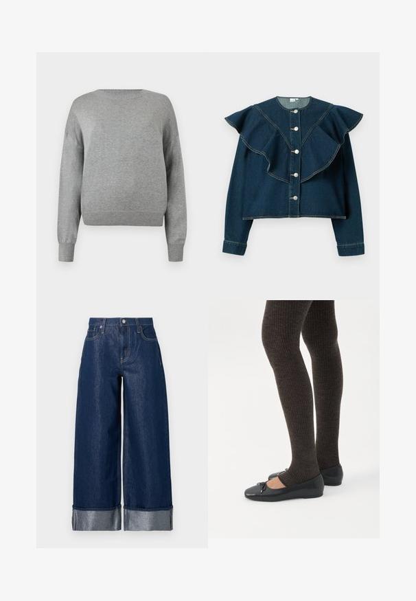Pull en tricot gris clair à manches longues, col rond côtelé, poignets et ourlet côtelés, présenté sur un fond blanc.; Veste en denim bleu foncé avec empiècement volanté, encolure ronde, manches longues et boutons-pression argentés à l'avant.; Jean large en denim bleu foncé à taille haute, design à cinq poches, et revers pliés dévoilant le tissu intérieur plus clair.; Jambes portant des leggings côtelés foncés associés à des ballerines noires avec de petits détails en nœud sur fond blanc.