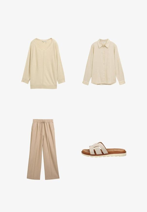 Haut beige à manches longues avec un large col arrondi et des épaules tombantes. Confectionné dans un matériau doux, présentant une texture subtile et des poignets côtelés.; Chemise beige clair à manches longues avec un devant à boutons, col classique, texture douce et ourlet légèrement arrondi. Pas de motifs ni d'accents visibles.; Pantalons beige à jambes larges en tissu texturé. Équipés d'une taille élastique avec un cordon de serrage et de poches latérales. Design simple à coupe droite.; Sandale slip-on en daim beige avec trois larges brides, semelle intérieure marron rembourrée et semelle extérieure en caoutchouc blanc rainurée.