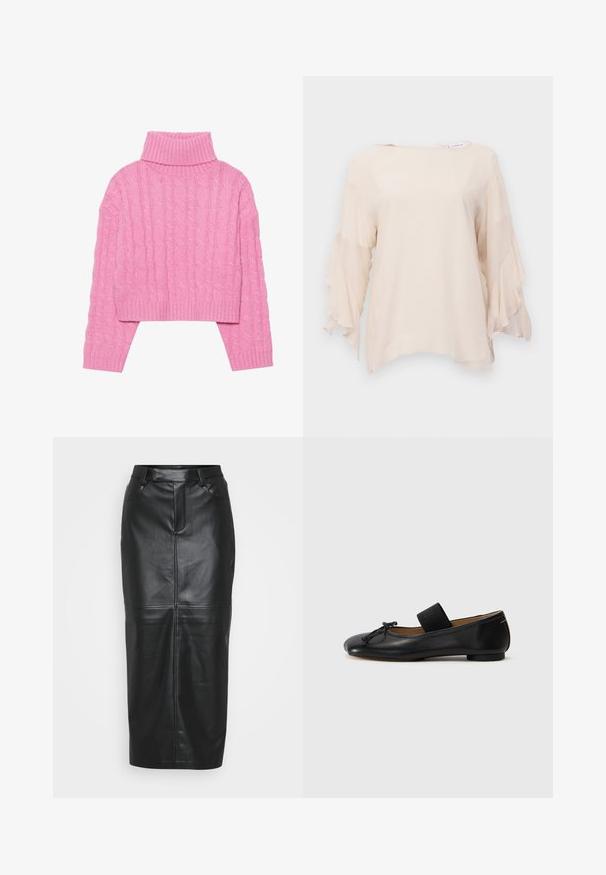 Beskaaret lyserødt turtleneck sweater lavet af tekstureret kabelstrik, med ribbeder i kraven og manchetterne, lange ærmer og en tæt pasform i kanten.; Lys beige bluse med løstsiddende pasform, der har volangdetaljer på trekvartærmerne og bådhals, lavet af et blødt, flydende stof.; Sort læder midi-nederdel med en tætsiddende talje, lige silhuet, forreste sømdetaljer og to sidelommer. Glat tekstur, minimalistisk design.; Sorte læder ballet flats med en rund tå, en lille knude detalje og et elastisk bånd over vristen for en sikker pasform. Flad sål.