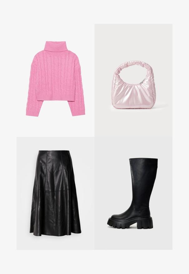 Beskaaret lyserødt turtleneck sweater lavet af tekstureret kabelstrik, med ribbeder i kraven og manchetterne, lange ærmer og en tæt pasform i kanten.; Sort lædernederdel med en flagrende silhuet, der har synlige sømme og en glat tekstur. Mellemlang design med en klassisk snit.; Sorte knæhøje støvler lavet af glat læder med en kraftig sål, der har en rund tå, elastiske sidepaneler og en subtil syning.; Rosa, polstret håndtaske med afrundet design, lavet af skinnende materiale. Har et samlet håndtag og en lynlås til sikker adgang.