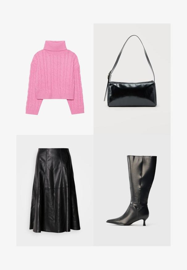 Beskaaret lyserødt turtleneck sweater lavet af tekstureret kabelstrik, med ribbeder i kraven og manchetterne, lange ærmer og en tæt pasform i kanten.; Sort lædernederdel med en flagrende silhuet, der har synlige sømme og en glat tekstur. Mellemlang design med en klassisk snit.; Sort knæhøj læderstøvle med spids tå og lav kittenhæl, vist på en enkel lys baggrund.; Sort rektangulær skuldertaske med en enkelt justerbar rem og lynlås i toppen på en ensfarvet baggrund.