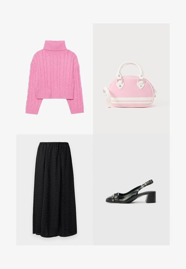 Pull col roulé rose raccourci en tricot à relief, avec un col et des poignets côtelés, des manches longues et un ourlet ajusté.; Jupe noire en tissu léger avec une taille froncée. Elle présente un motif de petits pois blancs sur l'ensemble du tissu.; Sandale à talon en cuir noir avec un bout pointu, une sangle texturée ornée d'accents métalliques circulaires et un talon empilé.; Sac à main rose avec accents blancs, forme arrondie, poignées supérieures, bandoulière amovible et détails de quincaillerie en forme de cœur. Fermeture à glissière.