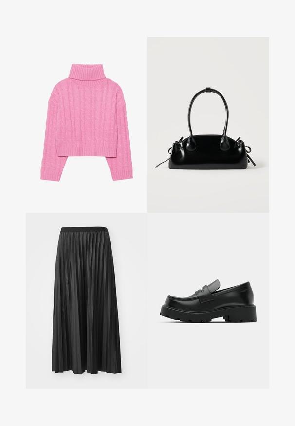 Pull col roulé rose raccourci en tricot à relief, avec un col et des poignets côtelés, des manches longues et un ourlet ajusté.; Jupe maxi plissée noire avec une texture lisse et une taille élastique, dotée de plis verticaux qui créent du volume et du mouvement.; Mocassins en cuir noir avec une semelle épaisse et texturée, dotés d'une sangle sur le vamp et d'une finition lisse et polie.; Petit sac à main noir brillant avec deux longues anses et des détails à cordon sur les côtés sur un fond clair uni.