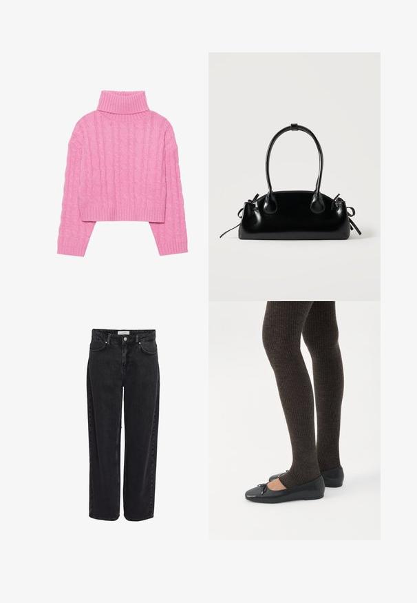 Beskaaret lyserødt turtleneck sweater lavet af tekstureret kabelstrik, med ribbeder i kraven og manchetterne, lange ærmer og en tæt pasform i kanten.; Sort denim bukser med vide ben og høj talje, fem-lomme design og lynlåsgylp. Glat tekstur med minimale synlige syningsdetaljer.; Ben iført mørke ribbede leggings kombineret med sorte balletsko med små sløjfedetaljer på hvid baggrund.; Lille sort blank håndtaske med to lange håndtag og snøre-detaljer i siden på en ensfarvet lys baggrund.