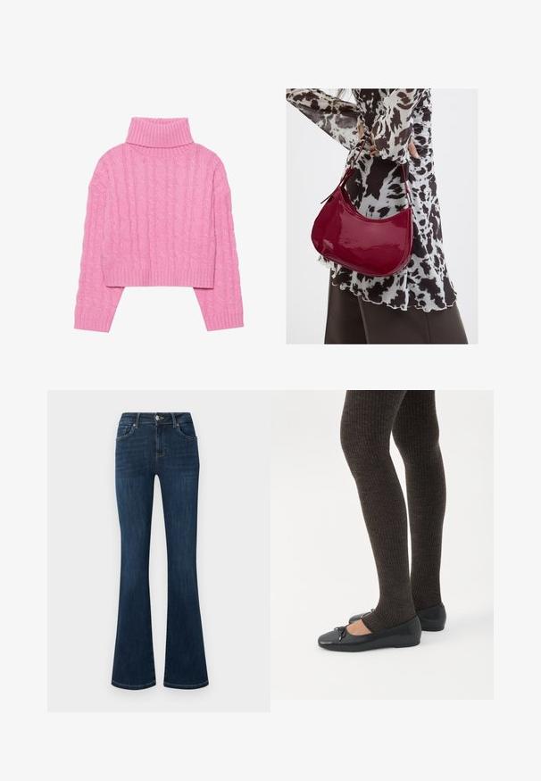 Beskaaret lyserødt turtleneck sweater lavet af tekstureret kabelstrik, med ribbeder i kraven og manchetterne, lange ærmer og en tæt pasform i kanten.; Mørkeblå denimjeans med mellemhøj talje, fem-lomme stil og vide bukseben, vist fladt mod en hvid baggrund.; Ben iført mørke ribbede leggings kombineret med sorte balletsko med små sløjfedetaljer på hvid baggrund.; Kvinde iført en sort- og hvidmønstret bluse, der holder en blank rød skuldertaske mod en ensfarvet baggrund.