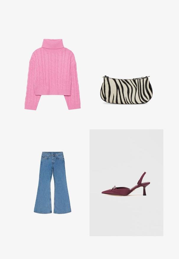 Beskaaret lyserødt turtleneck sweater lavet af tekstureret kabelstrik, med ribbeder i kraven og manchetterne, lange ærmer og en tæt pasform i kanten.; Blå højtaljede denim jeans med brede flagrende ben, frontknap og lynlås samt fem-lomme design, lagt fladt på hvid baggrund.; Burgunderfarvet satin slingback kitten heel med spids tå og dekorativ krystalbue på toppen.; Lille håndtaske med sort-hvide zebrastriber, sølv lynlås og korte stropophæng i hver ende.