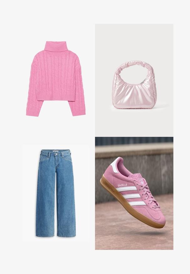 Beskaaret lyserødt turtleneck sweater lavet af tekstureret kabelstrik, med ribbeder i kraven og manchetterne, lange ærmer og en tæt pasform i kanten.; Lysblå bredbenede jeans lavet af denim, med høj talje, fem lommer og en klassisk knaplukning. Lige snit fra lår til kant.; Lyserøde ruskinds-sneakers med hvidt design med tre striber og logo. Har en tekstureret tå og gummisål. Modellens navn "Gazelle" vises på siden.; Rosa, polstret håndtaske med afrundet design, lavet af skinnende materiale. Har et samlet håndtag og en lynlås til sikker adgang.
