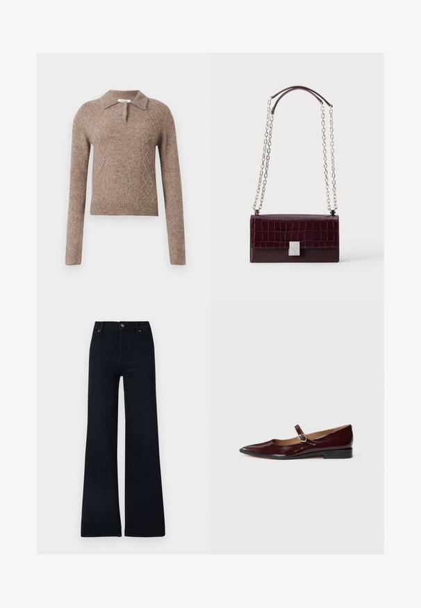 Pull en laine marron avec un col, présentant un motif en losanges et des manches longues, terminé par des poignets et un ourlet côtelés.; Jean évasé bleu foncé en denim. Doté d'une fermeture par bouton, de cinq poches, et d'un design épuré avec peu de variations de texture.; Ballerines en cuir verni bordeaux de type Mary Jane avec un bout pointu, un talon plat et une sangle décorative avec une boucle circulaire.; Sac à main rectangulaire bordeaux foncé avec rabat à texture crocodile, fermoir rectangulaire argenté, et doubles bandoulières chaîne argentées avec repose-épaules en cuir.
