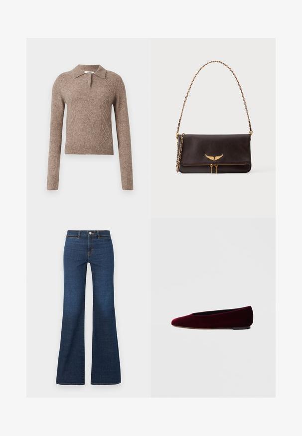 Pull en laine marron avec un col, présentant un motif en losanges et des manches longues, terminé par des poignets et un ourlet côtelés.; Jean en denim bleu foncé taille haute avec jambes évasées, fermeture avant par boutons et zip, et coutures orange visibles.; Ballerines en velours bordeaux avec un bout arrondi et un talon bas, présentant une texture lisse et un design élégant.; Sac à bandoulière en cuir marron foncé avec anse chaîne dorée, emblème ailé doré sur le rabat, et double fermeture éclair dorée en bas à l’avant.