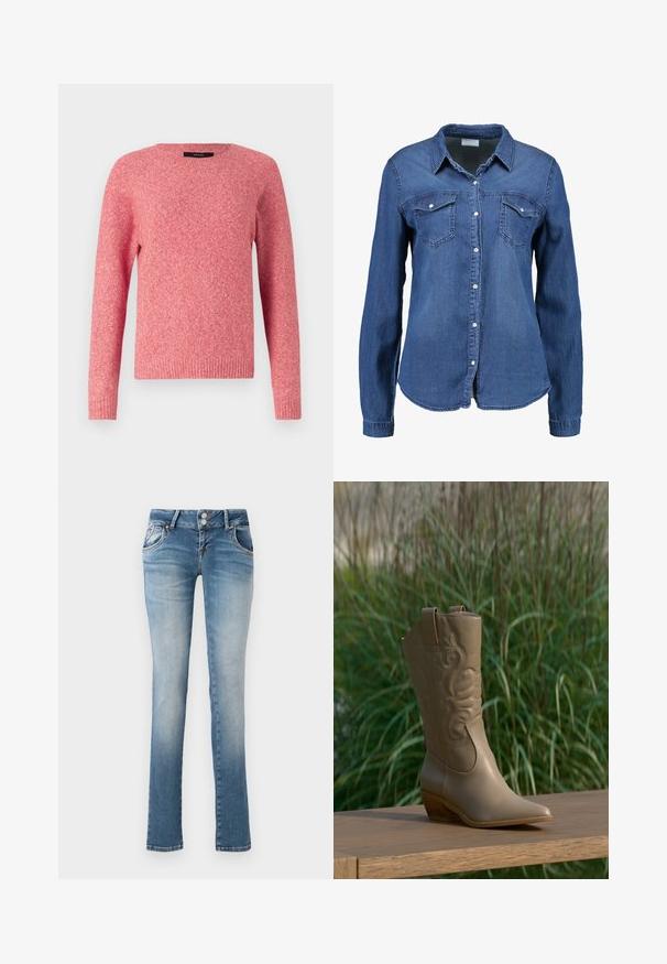 Rød strikket sweater med rundt halsudskæring og lange ærmer. Har en struktureret stof og ribbede manchetter og kant.; Denimskjorte i mellemblå med lange ærmer, knaplukning foran, spidse kraver og to brystlommer. Blød tekstur med standart snit.; Lysblå denim jeans med lige ben-design, der har en lukning med to knapper, to forlommer og en slidt finish ved knæene.; Tan læder cowboystøvle med broderet design og træhæl placeret på en træoverflade mod en baggrund af grønne planter.
