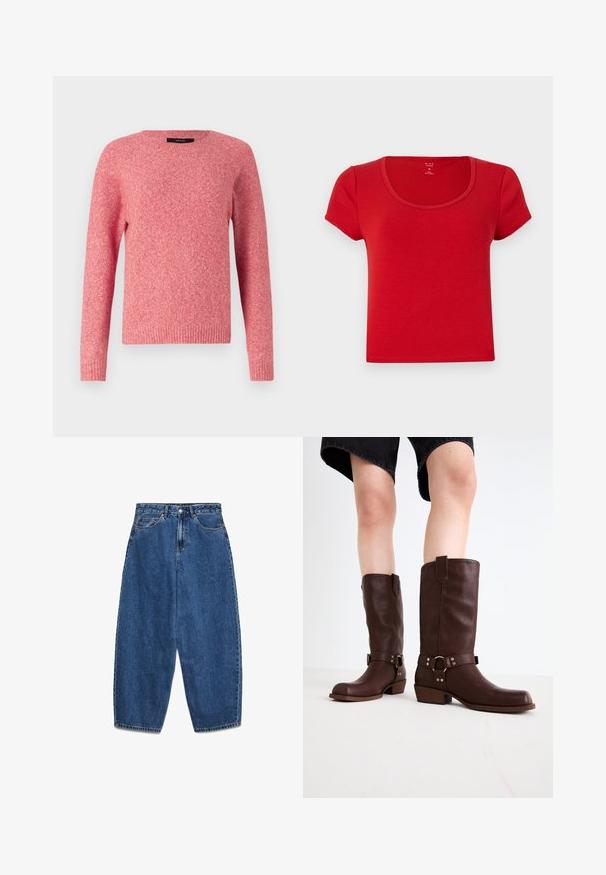 Rød strikket sweater med rundt halsudskæring og lange ærmer. Har en struktureret stof og ribbede manchetter og kant.; Rød kortærmet t-shirt lavet af blødt stof, med en rund udsyningskrave og en tætsiddende form med rene kanter.; Blå denimjeans med høj talje, afslappet pasform og lige ben. Klassisk design med fem lommer, lynlås og knaplukning.; Brune læder knæhøje støvler med rund tå, struktureret overflade, ankelrem og sølvhardware detaljer; stablet hæl.