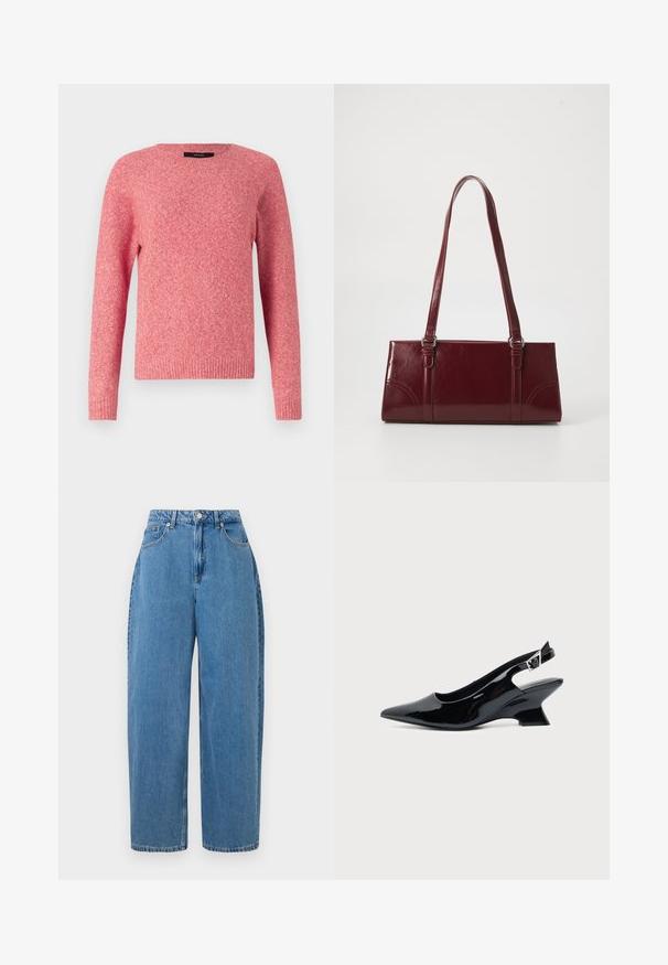Pull en laine rouge avec un col rond et des manches longues. Présente un tissu texturé et des poignets et un ourlet côtelés.; Un pantalon en denim bleu clair avec une coupe droite, taille haute et fermeture à bouton devant. Il comporte cinq poches et des détails de couture minimaux.; Chaussure slingback en cuir verni noir avec bout pointu et petit talon bloc incliné sur fond clair uni.; Sac à main bordeaux en matériau brillant, de forme rectangulaire, avec deux anses et des accents légèrement courbés à l'avant.
