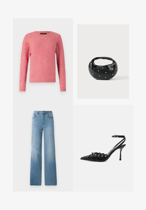 Jersey rojo de punto con cuello redondo y mangas largas. Presenta una tela texturizada y puños y dobladillo acanalados.; Jeans de tiro alto en azul claro con un diseño de pierna recta. Confeccionados en denim, cuentan con cinco bolsillos y un cierre con botón.; Zapato de tacón alto negro con punta fina, bordes ondulados, ojales metálicos, cordones delanteros y una correa en el tobillo con cierre de hebilla.; Bolso de mano de cuero negro con forma redondeada, decorado con detalles de tachuelas plateadas y un asa corta. Textura lisa y cierre con cremallera.