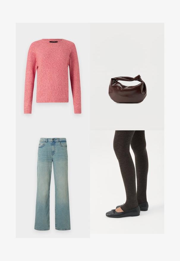 Jersey rojo de punto con cuello redondo y mangas largas. Presenta una tela texturizada y puños y dobladillo acanalados.; Jeans de mezclilla azul claro con una cintura alta, piernas anchas y un diseño clásico de cinco bolsillos. Presenta un discreto desvanecimiento y un cierre de botón.; Piernas con leggings oscuros acanalados combinados con bailarinas negras que presentan pequeños detalles de lazo sobre un fondo blanco.; Bolso de hombro de cuero marrón oscuro con una forma suave y caída, y un asa con nudo torcido sobre un fondo blanco liso.