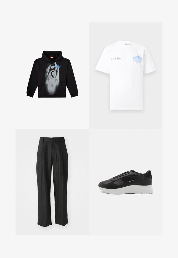 Sort hættetrøje lavet af bomuld. Har en frontlomme, snorhuv og et gråt spraymalet design med en blå etikette accent.; Hvid t-shirt med korte ærmer med lille sort og blåt tekst "Filling Pieces" på venstre bryst og blå abstrakt net-illustration på højre bryst.; Sorte linnedragter med lige ben, der har særlige folder foran og en glat tekstureret finish.; Sort læder sneaker med ruskindsdetaljer, rund tå, hvid gummisål og syet udsmykning. Logo trykt på siden. Klassisk snørebåndsdesign.