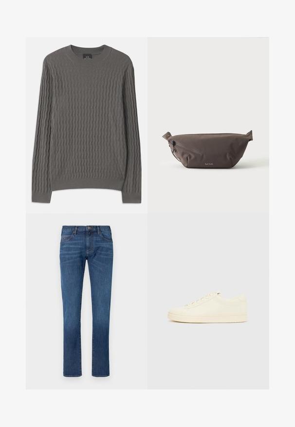 Armani Exchange Svetrík - dark gull zig zag; Modré riflové nohavice so strihom priamo na nohe, s klasickým dizajnom piatich vreciek a zapínaním na gombíky. Jemné blednutie cez textúru látky.; Sneaker krémovej farby s hladkým koženým zvrškom, zaoblenou špičkou, šnurovačkou vpredu a textúrovanou gumovou podrážkou. Minimalistický dizajn, bez loga.; Tmavohnedá látková ľadvinka s diagonálnym zipsovým vreckom a malým bielym logom vpredu, na jednofarebnom svetlom pozadí.